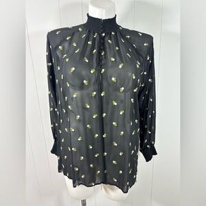 Cabi Sz L Black Rose Embroidered Blouse Floral Sheer Top Smocked Womens #5338